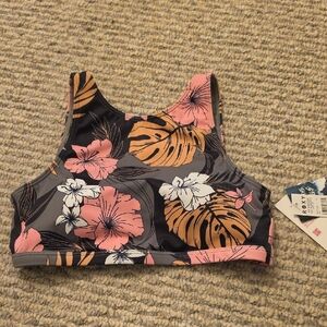 Roxy Floral Bikini Top in Black, Pink, Orange, White